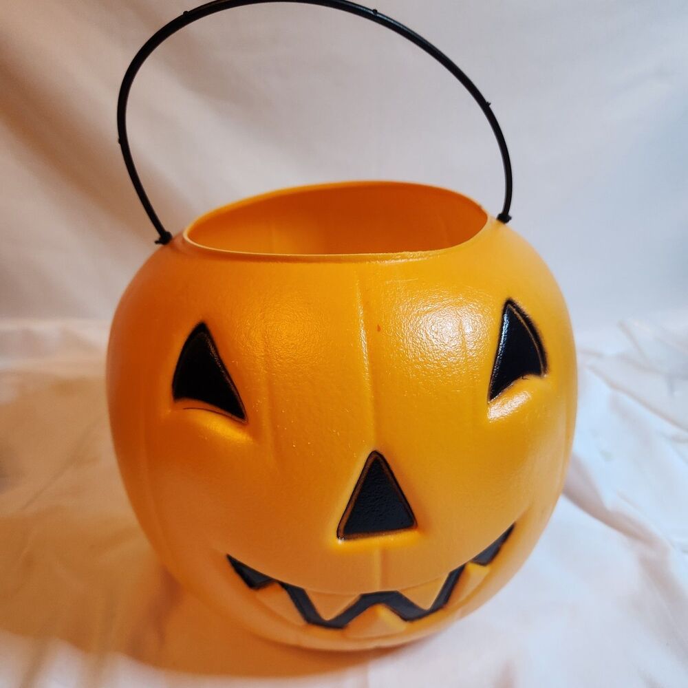 Orange Jack O Lantern Pumpkin Trick or Treat Pail Halloween Made in USA